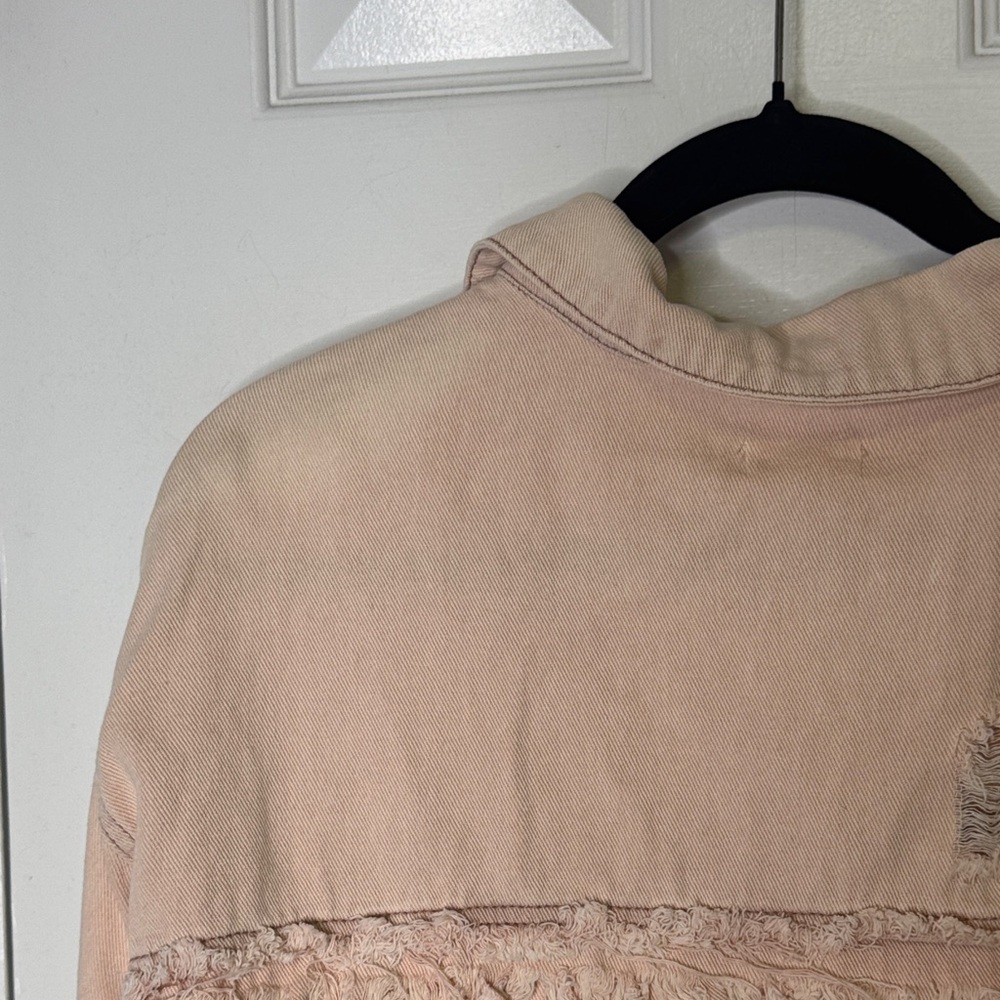 POL Pink Distressed Cropped Denim Jacket Small Frayed Hem Oversized - Picture 6 of 7